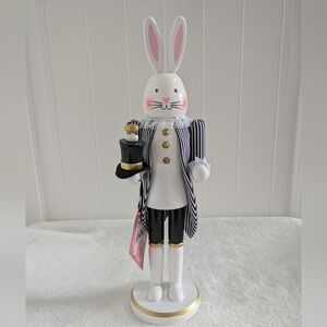 NWT Striped Black & White Bunny Nutcracker Figurine with Gold Accents